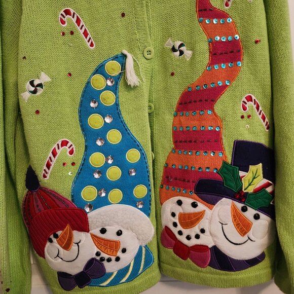 Heirloom Collectibles Christmas Collection Snowman Green Cardigan Sweater XL Cot - Picture 3 of 13